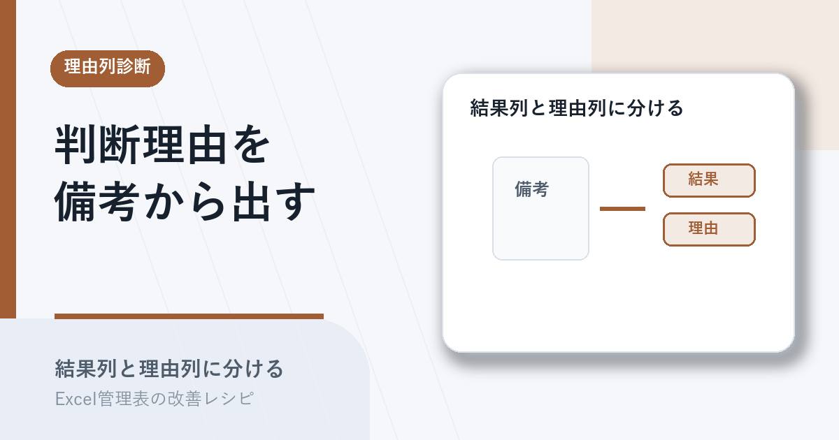 備考欄に埋もれる判断理由を結果列と理由列に分けるアイキャッチ