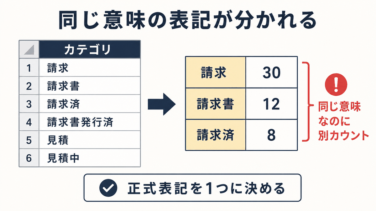同じ意味の表記が別カウントになり集計がずれる状態を示す図