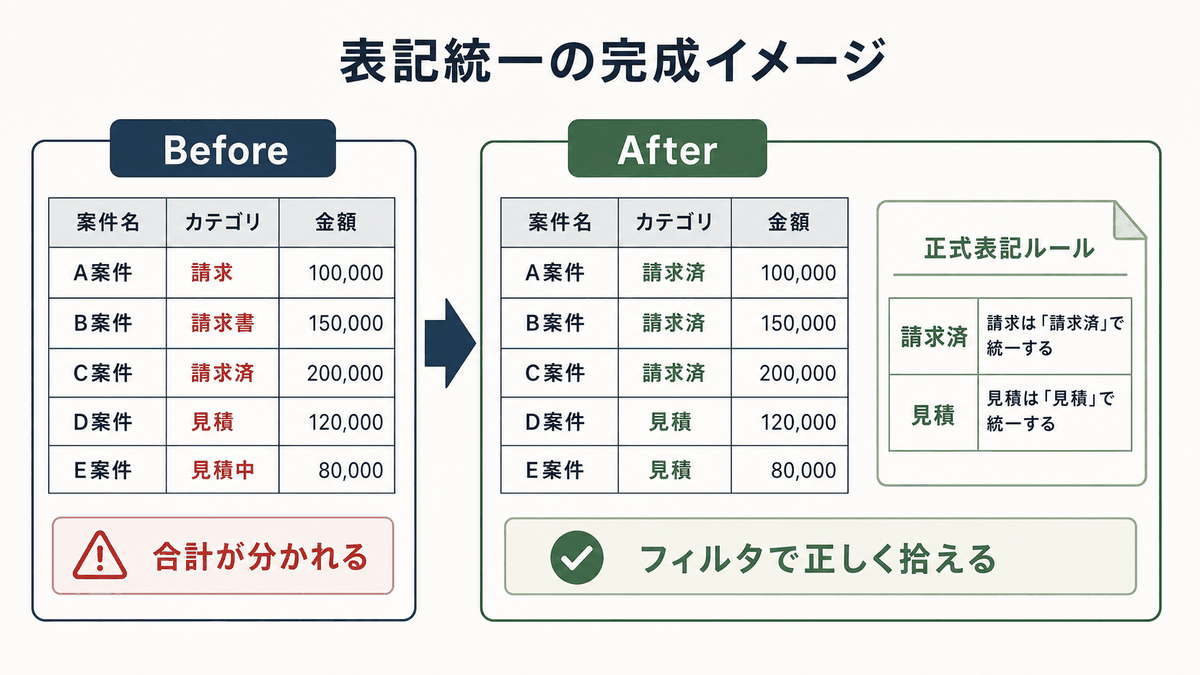 表記統一前後でカテゴリが正式表記に揃う完成イメージ図