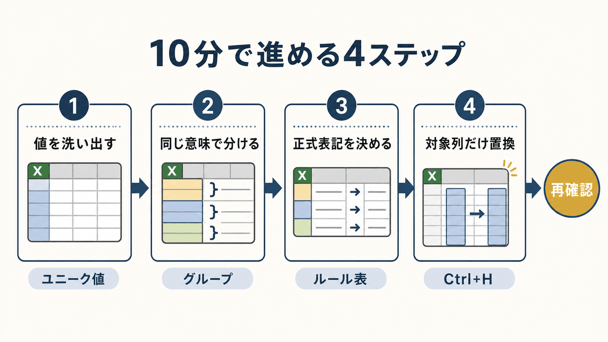 表記ゆれを10分で整理する4ステップを示す図