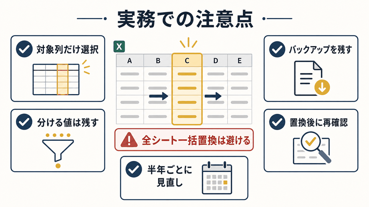 Excelで表記を置換するときの実務上の注意点をまとめた図