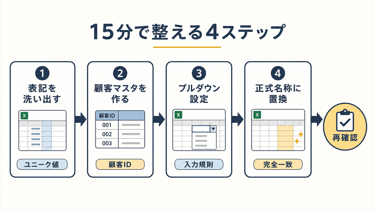 会社名や担当者名の正式名称ルールを15分で整える4ステップ図