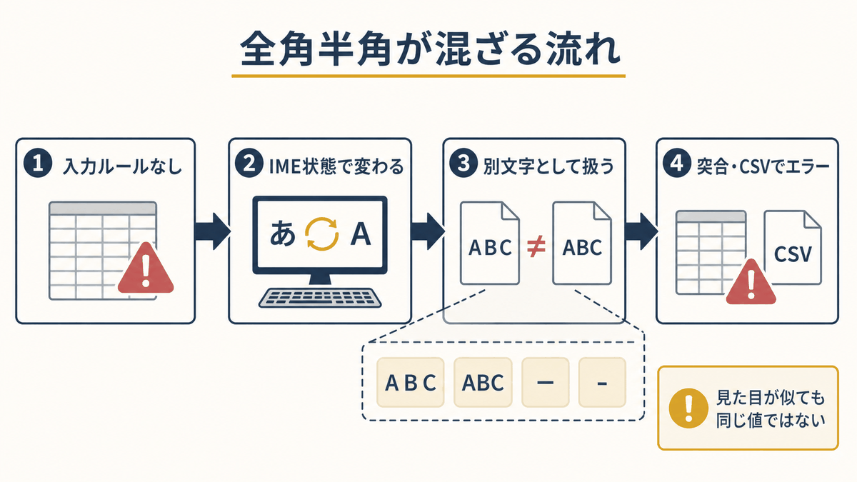入力ルールなしから全角半角が混ざり突合やCSVでエラーになる流れを示す図