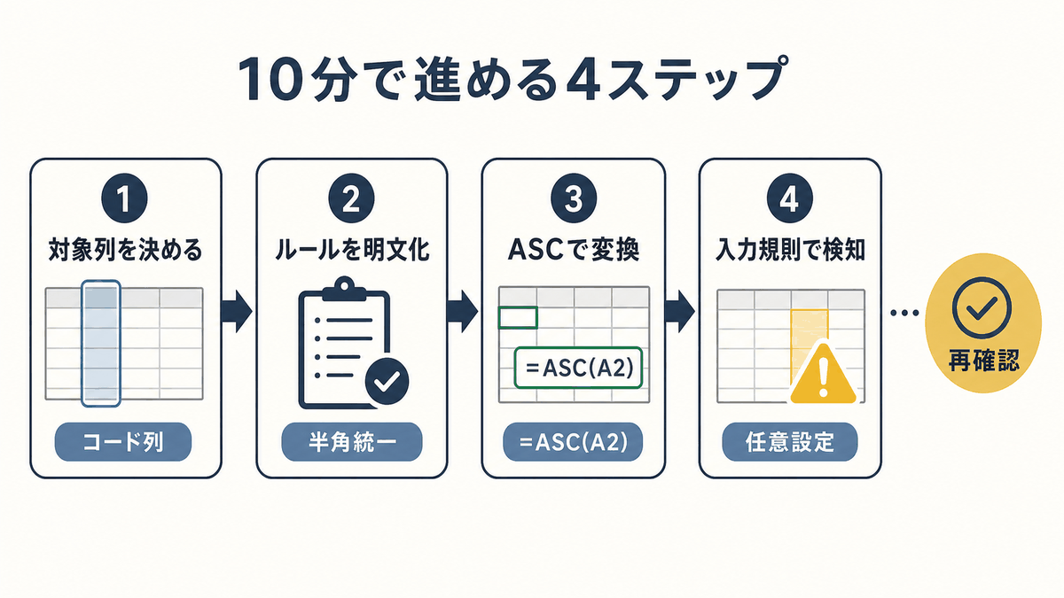 Excelで全角半角を10分で統一する4ステップを示す図