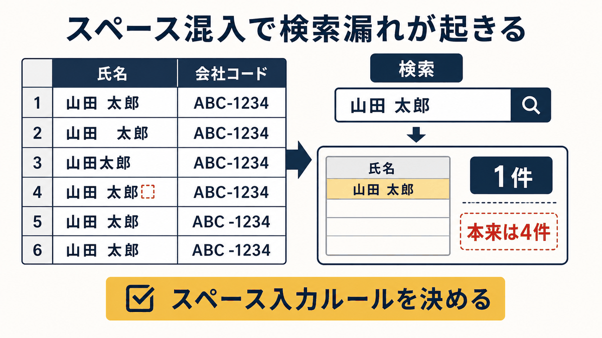 スペース混入で名前やコードの検索漏れが起きる状態を示す図