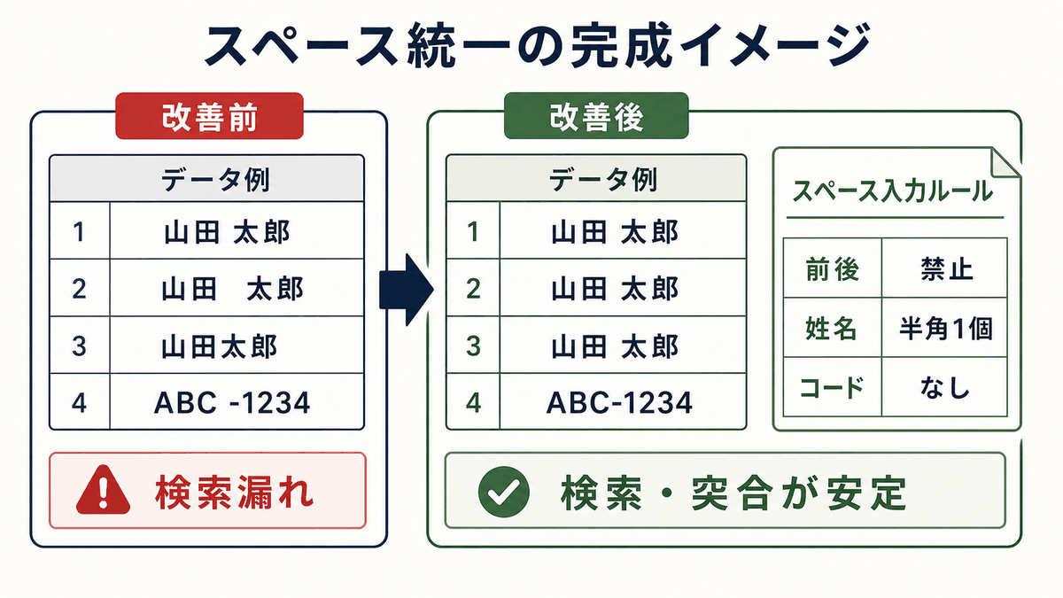 スペース混入を入力ルールで統一する前後の違いを示す図