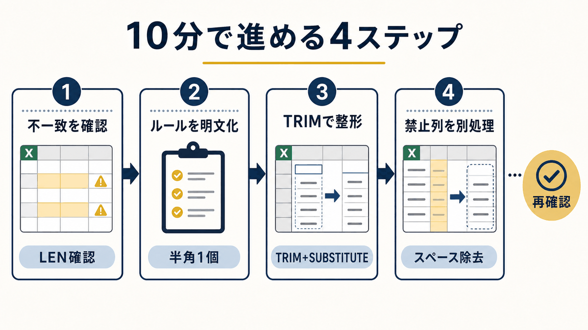 Excelでスペース入力ルールを10分で整える4ステップを示す図