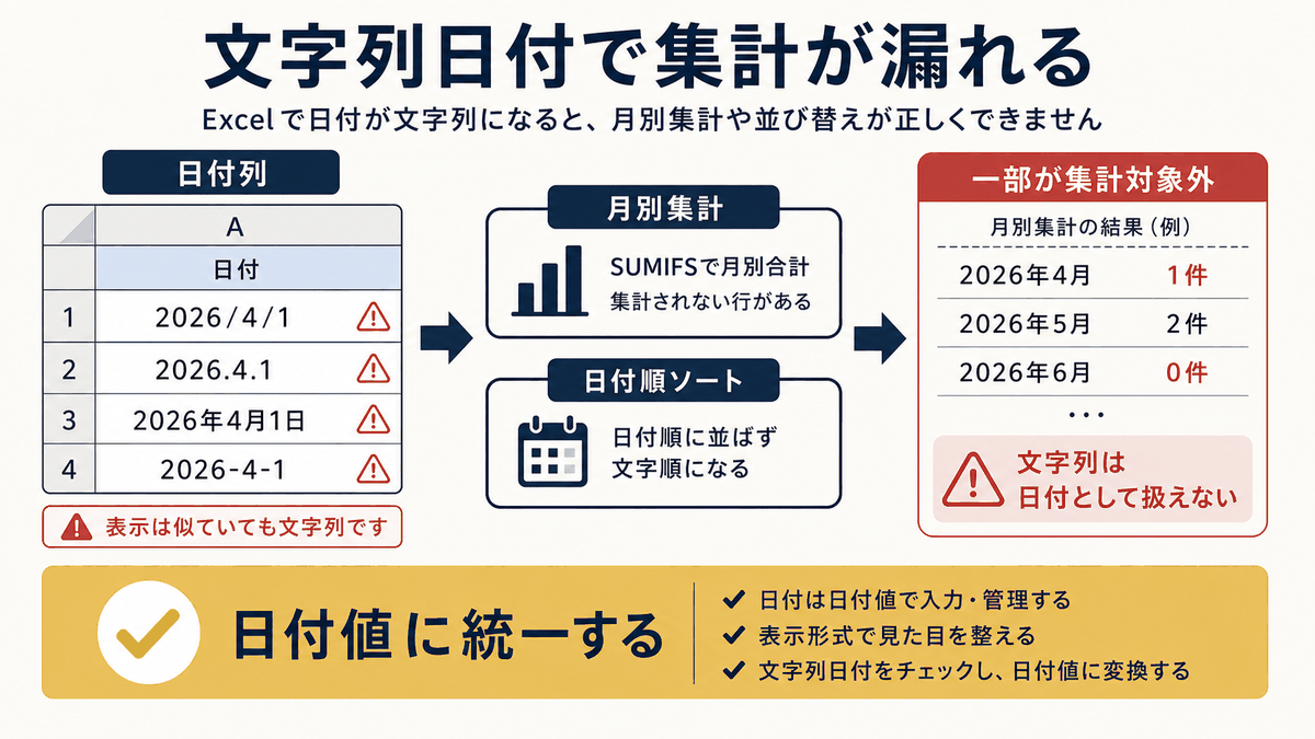 日付列に文字列の日付が混ざり月別集計や並び替えが崩れる状態を示す図