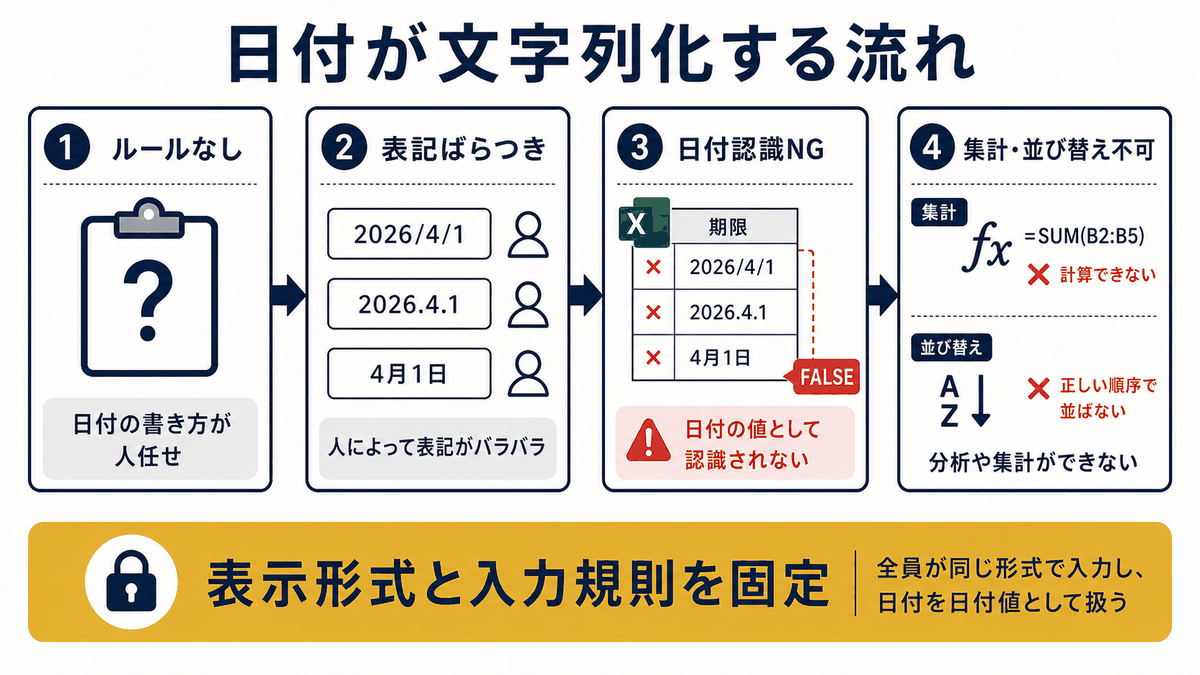 日付入力ルール不足から表記がばらつき日付として認識されなくなる流れを示す図