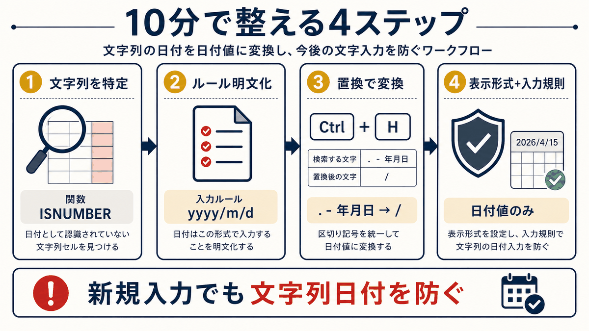 Excelで文字列日付を特定し日付値に変換して入力規則を設定する4ステップを示す図