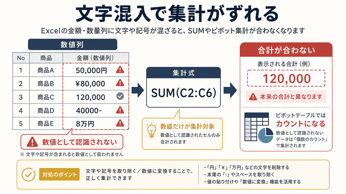 金額や数量に文字や記号が混ざりExcelの集計がずれる状態を示す図