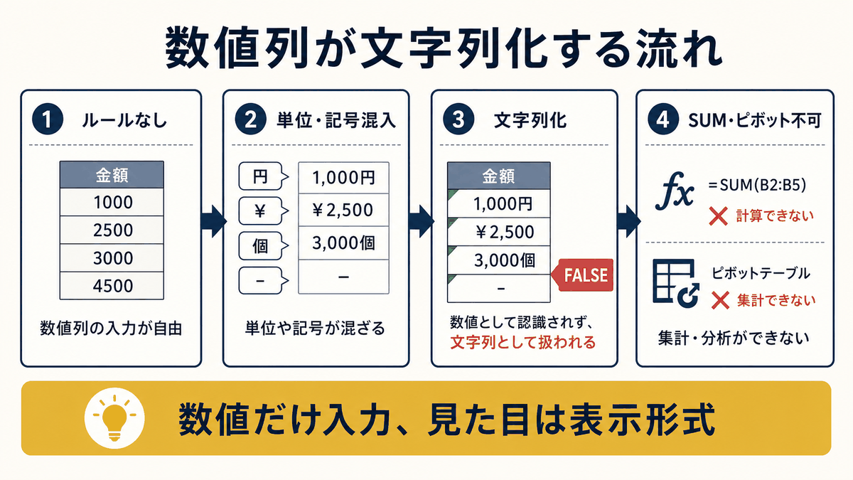 数値列に単位や記号が混ざり文字列化して集計できなくなる流れを示す図