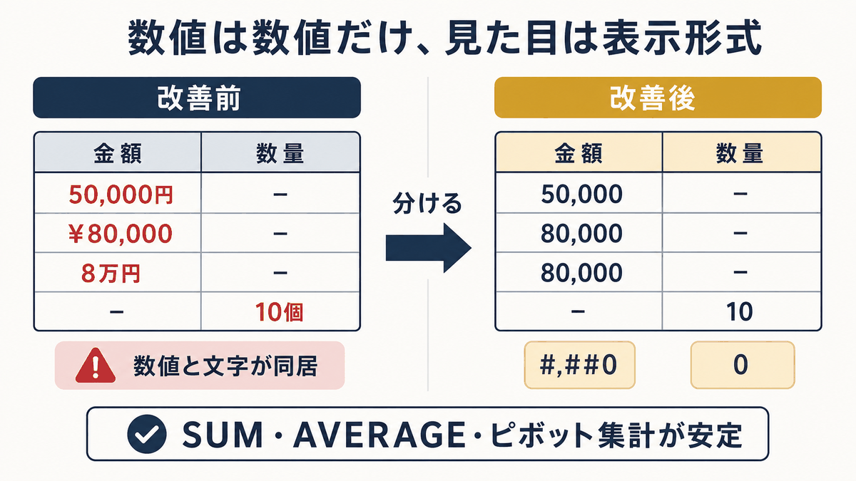 数値列を数値だけに統一し表示形式で見た目を整える前後の違いを示す図