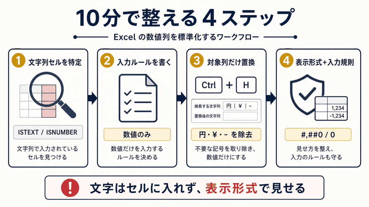 Excelで数値列の文字混入を確認し形式を統一する4ステップを示す図