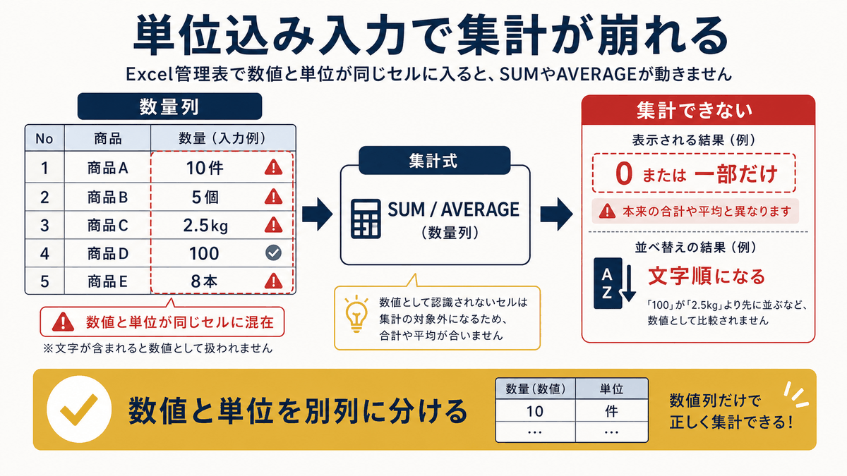 数値と単位が同じセルに入り集計や並び替えが崩れる状態を示す図