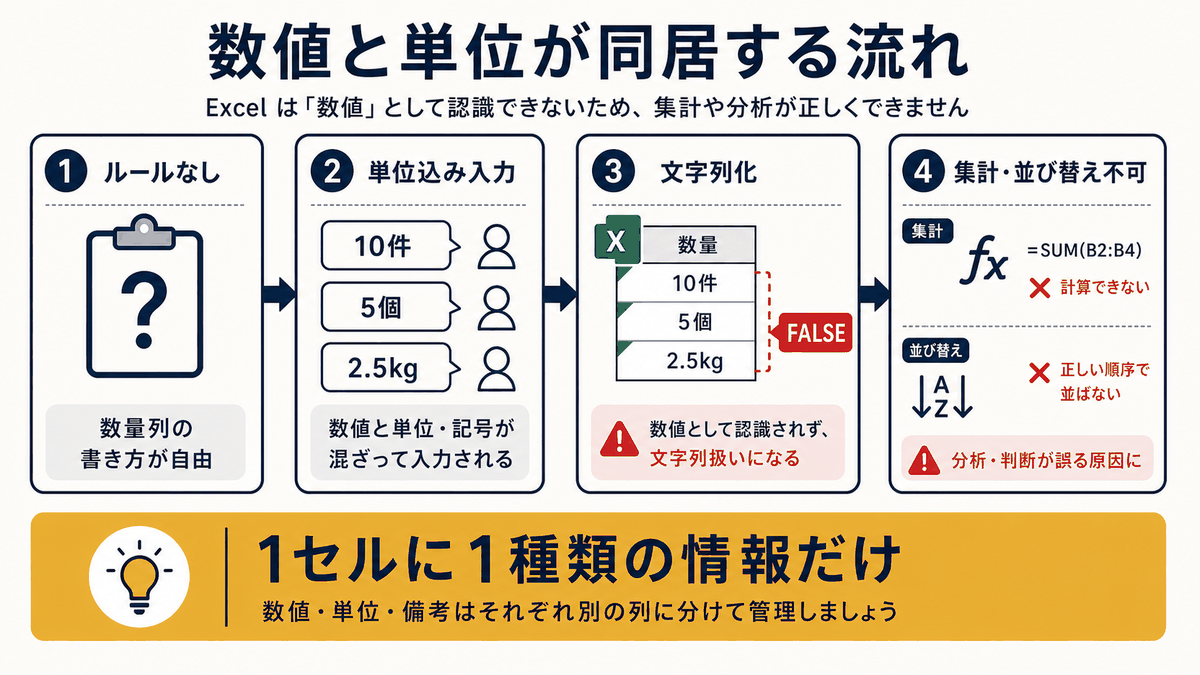 数値列に単位が混ざり文字列化して集計や並び替えができなくなる流れを示す図