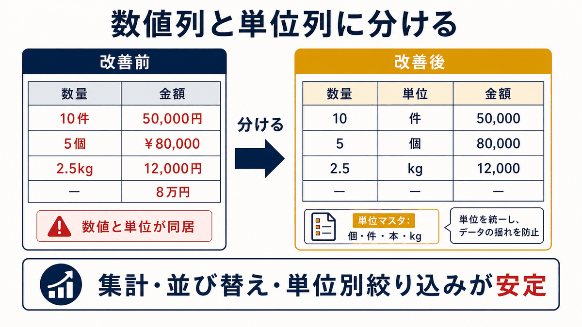 数値と単位を同じセルから数値列と単位列へ分ける前後の違いを示す図