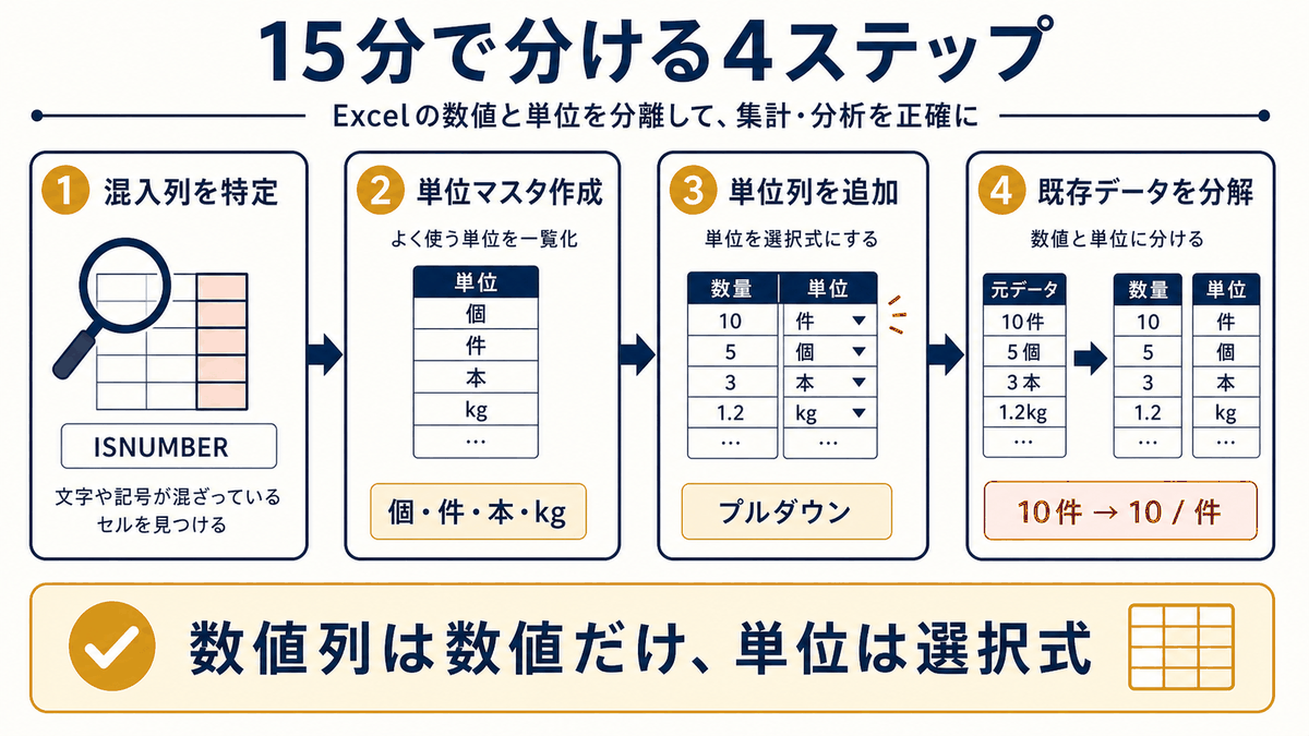 Excelで数値列と単位列を分けて単位マスタで管理する4ステップを示す図