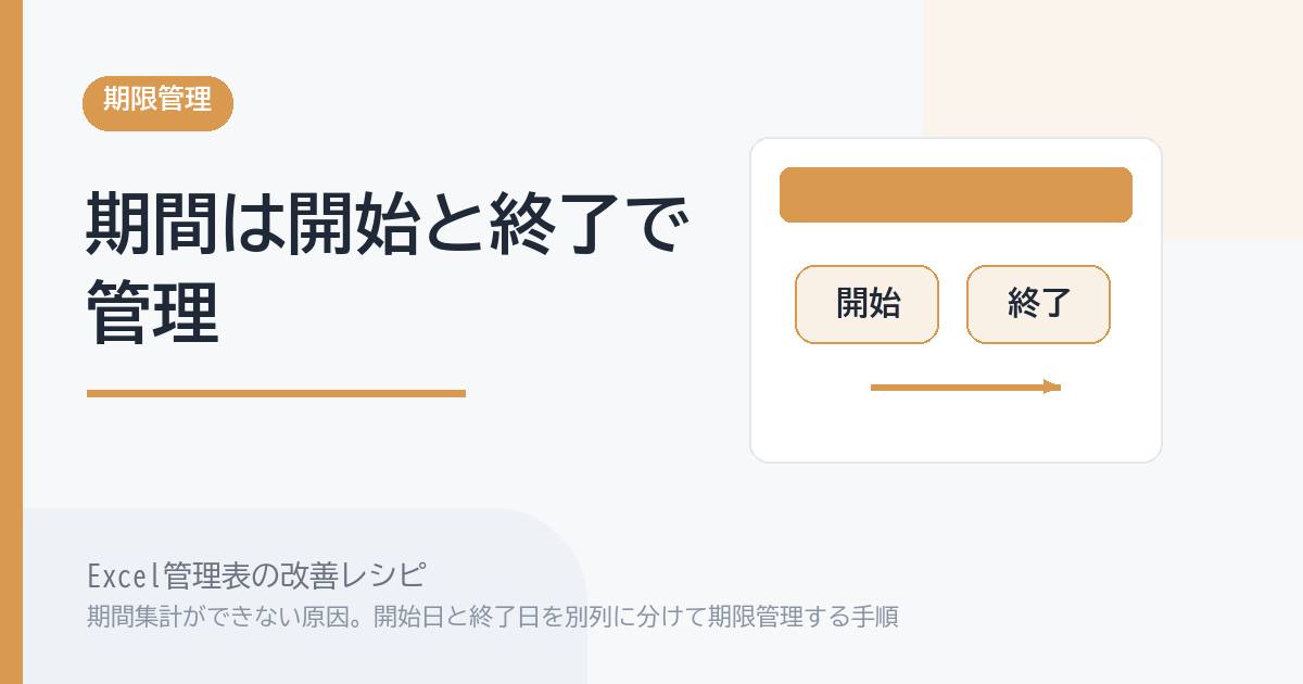 Excel管理表で期間集計ができない原因。開始日と終了日を別列に分けて期限管理する手順 のアイキャッチ画像