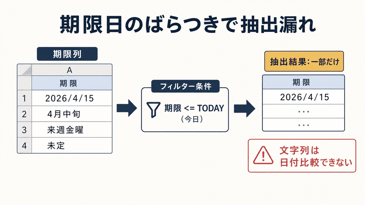 期限列に日付値と文字列が混ざり期限超過の抽出漏れが起きる状態を示す図