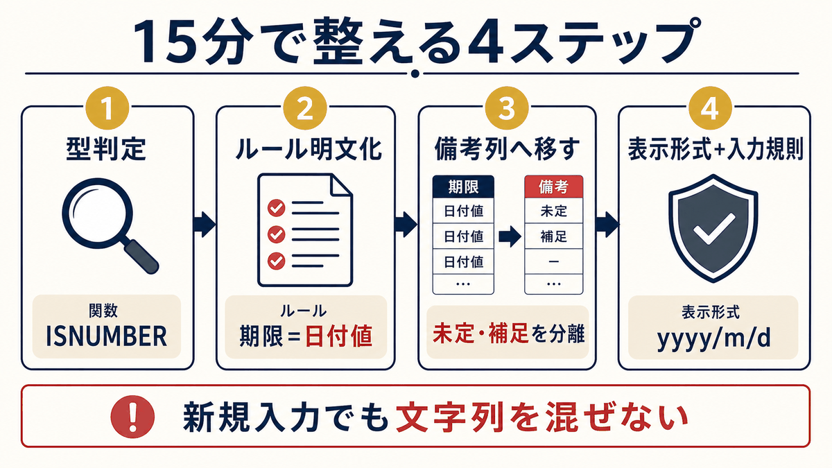 Excelで期限列を日付値に統一し入力規則を設定する4ステップを示す図