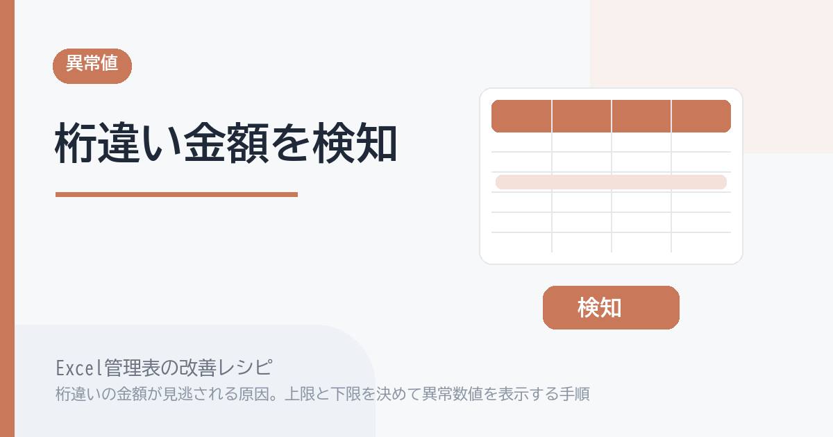Excel管理表で桁違いの金額が見逃される原因。上限と下限を決めて異常数値を表示する手順 のアイキャッチ画像