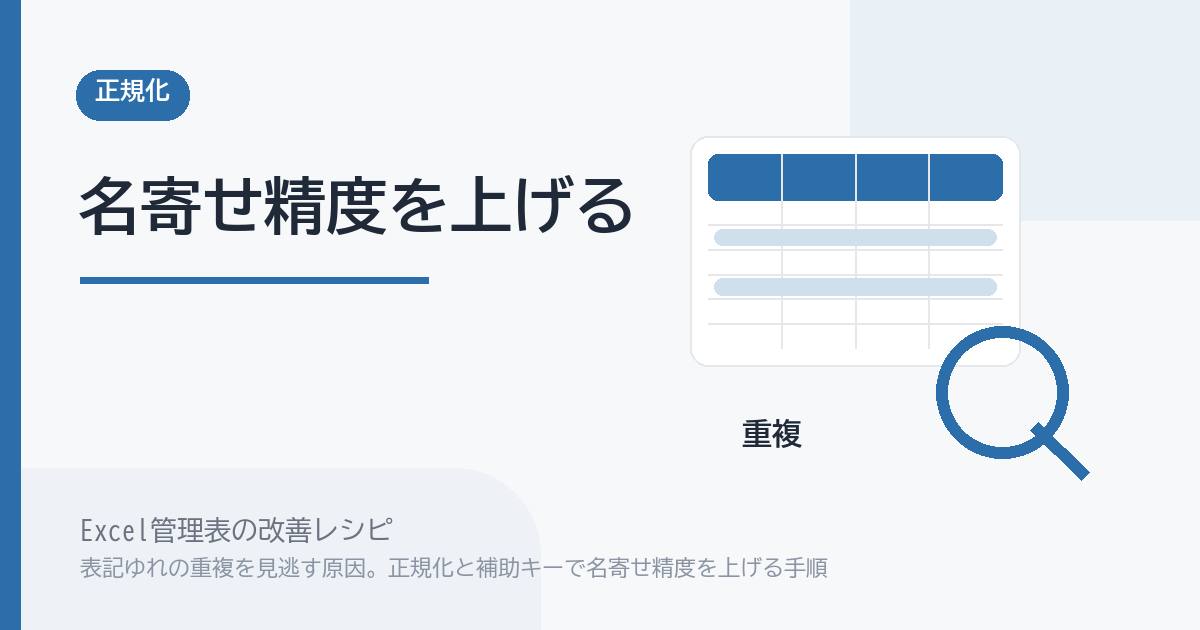 Excel管理表で表記ゆれの重複を見逃す原因。正規化と補助キーで名寄せ精度を上げる手順 のアイキャッチ画像