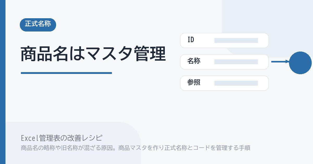 Excel管理表で商品名の略称や旧名称が混ざる原因。商品マスタを作り正式名称とコードを管理する手順 のアイキャッチ画像