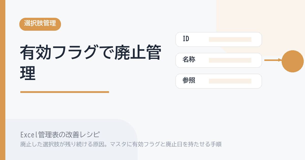 Excel管理表で廃止した選択肢が残り続ける原因。マスタに有効フラグと廃止日を持たせる手順 のアイキャッチ画像