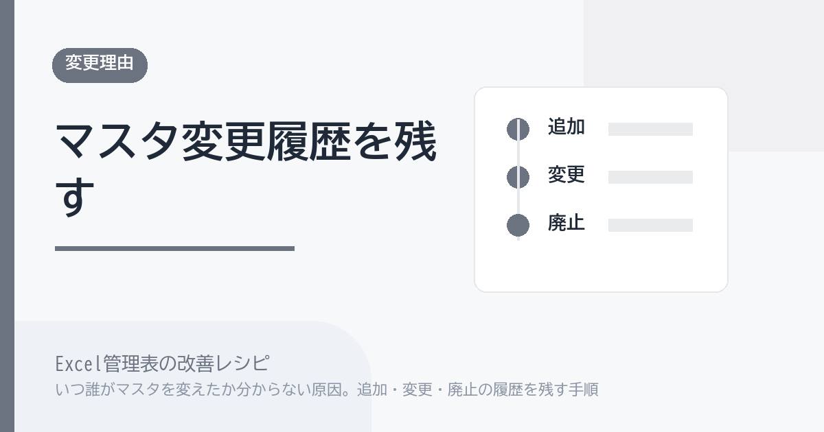 Excel管理表でいつ誰がマスタを変えたか分からない原因。追加・変更・廃止の履歴を残す手順 のアイキャッチ画像