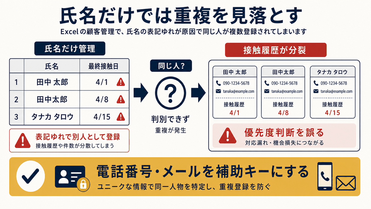 氏名の表記ゆれにより同じ顧客が複数登録され接触履歴が分裂する状態を示す図
