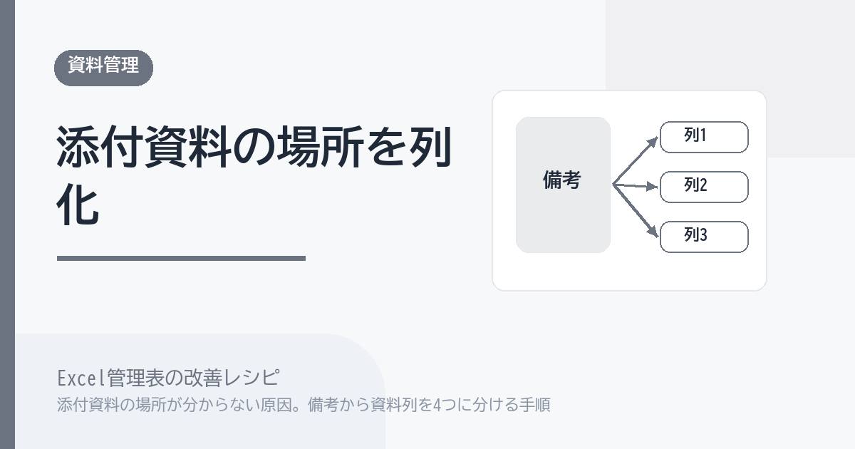 Excel管理表で添付資料の場所が分からない原因。備考から資料列を4つに分ける手順 のアイキャッチ画像