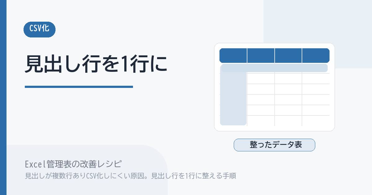 Excel管理表で見出しが複数行ありCSV化しにくい原因。見出し行を1行に整える手順 のアイキャッチ画像