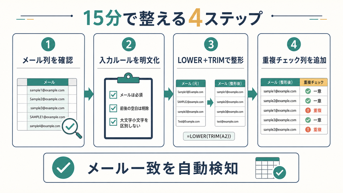 Excelでメール列の確認からLOWERとTRIMによる整形と重複チェック列追加までの4ステップを示す図