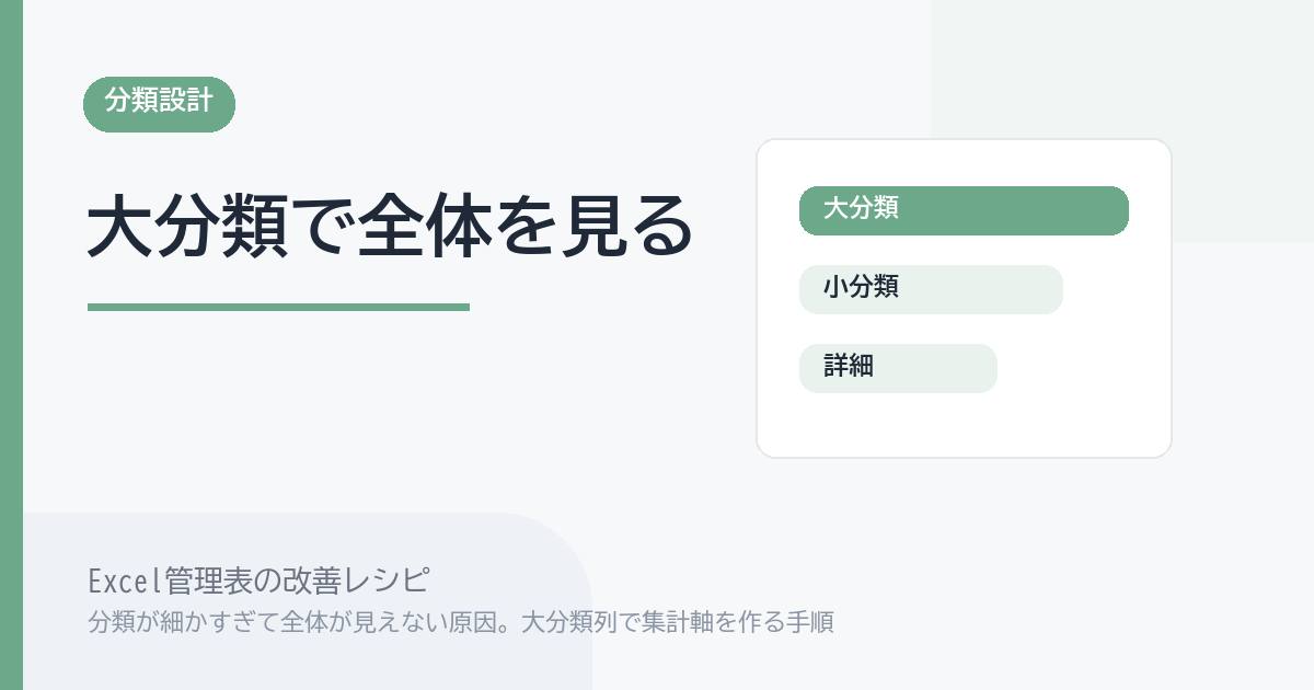 Excel管理表で分類が細かすぎて全体が見えない原因。大分類列で集計軸を作る手順 のアイキャッチ画像
