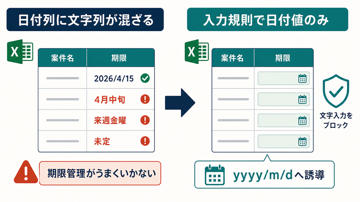 日付列に文字列が混ざる状態を入力規則で日付値のみに誘導する図