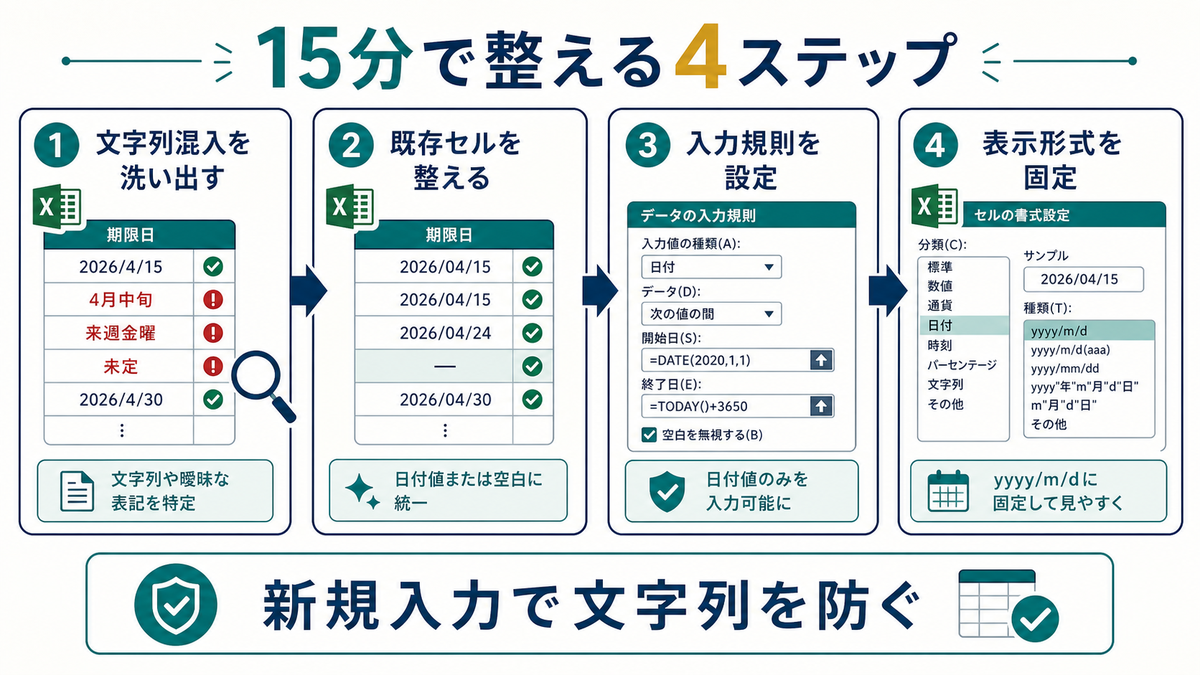 Excelで日付列の文字列混入を洗い出し入力規則と表示形式を整える4ステップを示す図