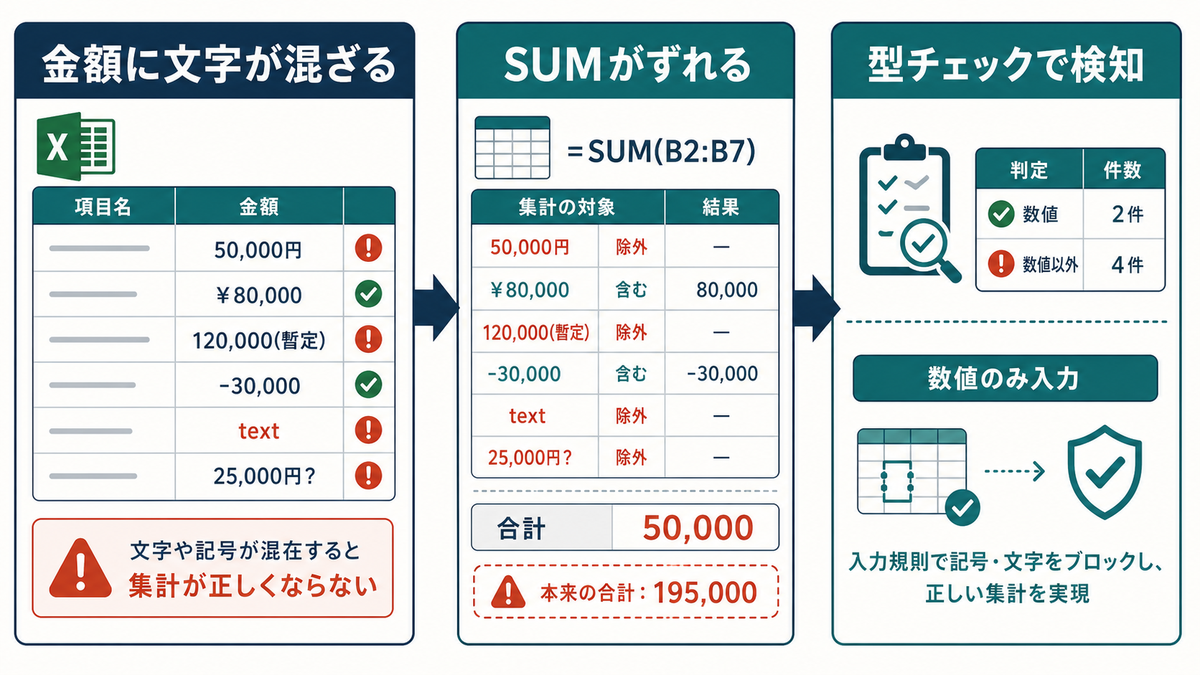 金額列に円や記号や暫定メモが混ざりSUMがずれる状態を型チェックで検知する図