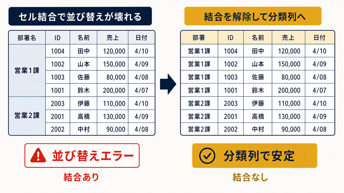 Excel管理表でセル結合により並び替えエラーが起き分類列で安定させる状態を示す図