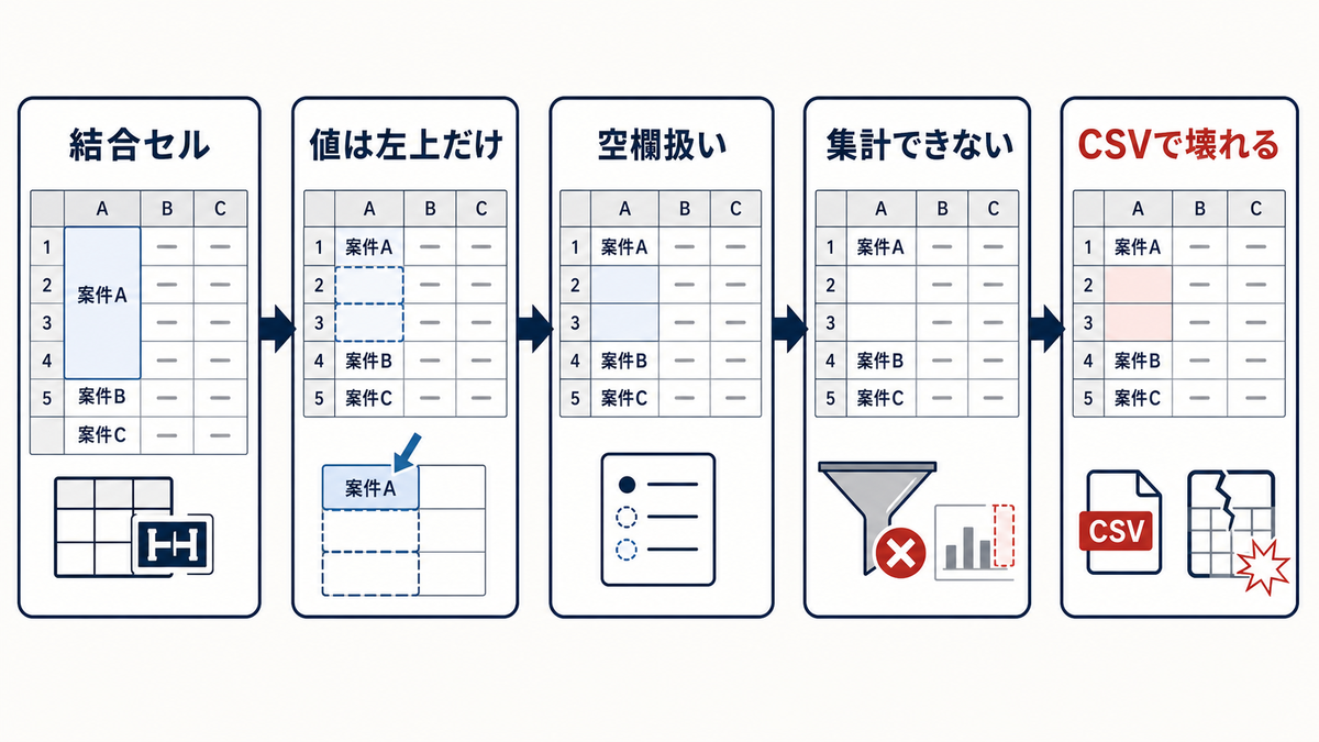 結合セルの値が左上だけになり空欄扱いから集計できずCSVで壊れる流れを示す図