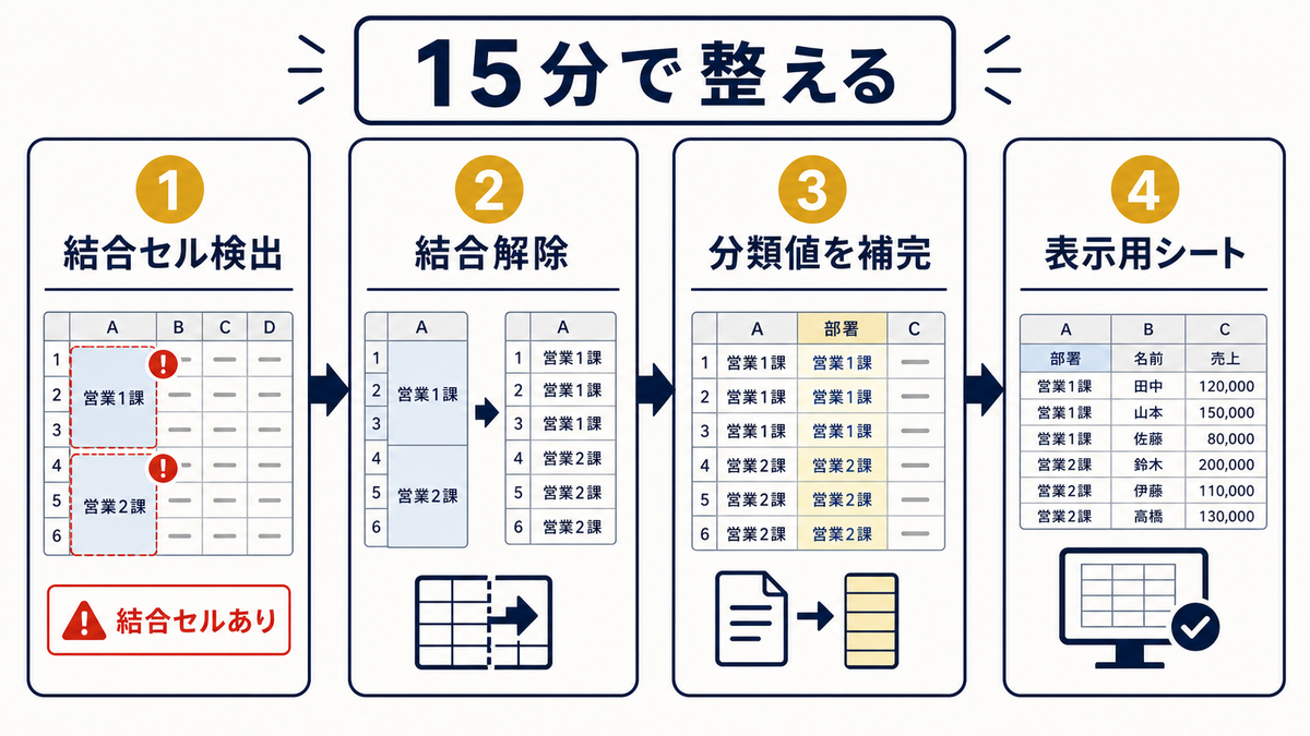 Excelで結合セル検出結合解除分類値補完表示用シートまで15分で整える4ステップを示す図