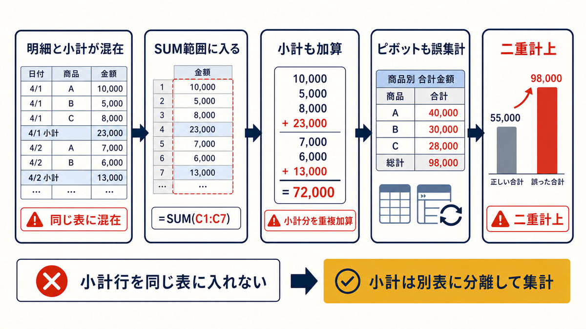 明細と小計が混在しSUM範囲に入り小計も加算されピボットも誤集計して二重計上になる流れを示す図