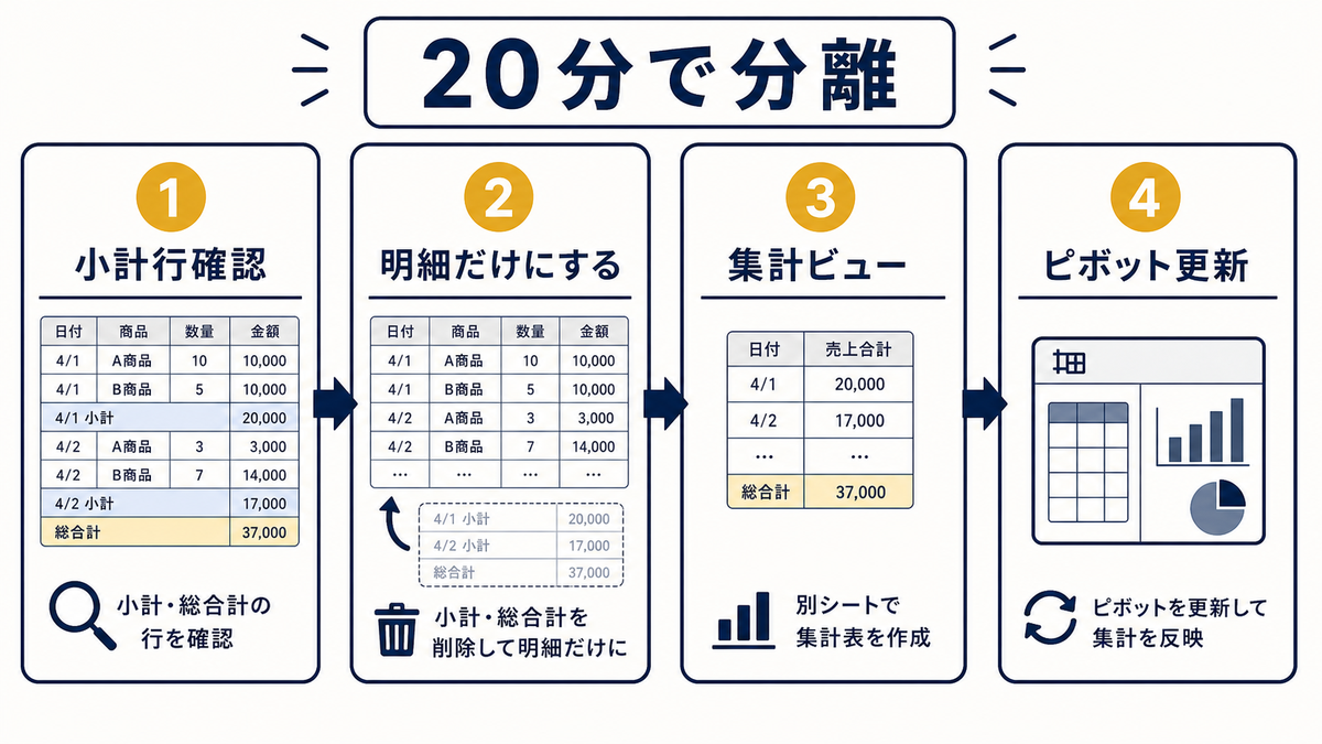 Excelで小計行確認明細だけにする集計ビュー作成ピボット更新まで20分で分離する4ステップを示す図