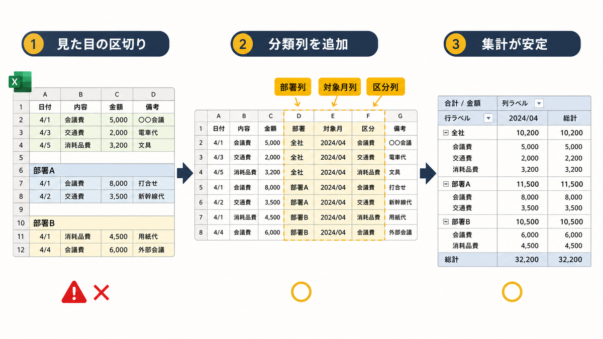 Excel管理表で見た目の区切りに頼る表を分類列で集計しやすい形に整える流れを示す図