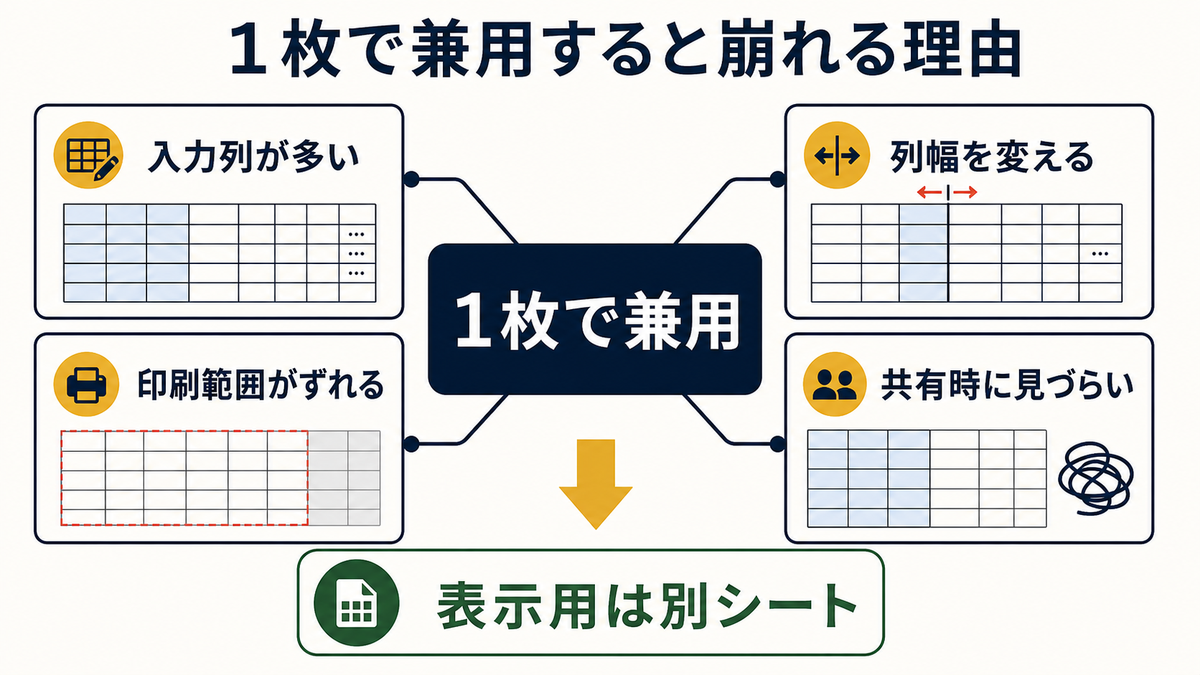 入力列が多く列幅変更や印刷範囲のずれや共有時の見づらさが起きるため表示用を別シートにする流れを示す原因分析図