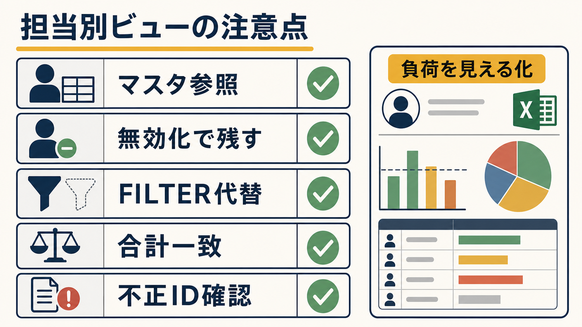 Excelの担当別ビューでマスタ参照無効化FILTER代替合計一致不正ID確認を行い負荷を見える化する注意点図