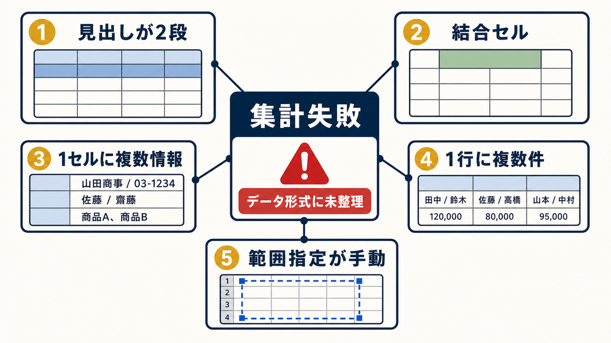 Excel管理表で見出し2段や結合セルや複数情報の混在によりピボット集計が失敗する原因を整理した図