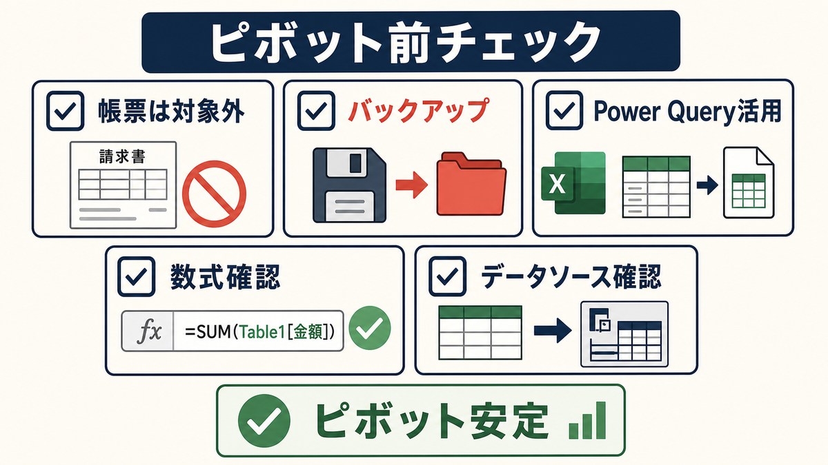 Excelでピボット集計前に帳票対象外バックアップPower Query活用数式確認データソース確認を行う注意点図