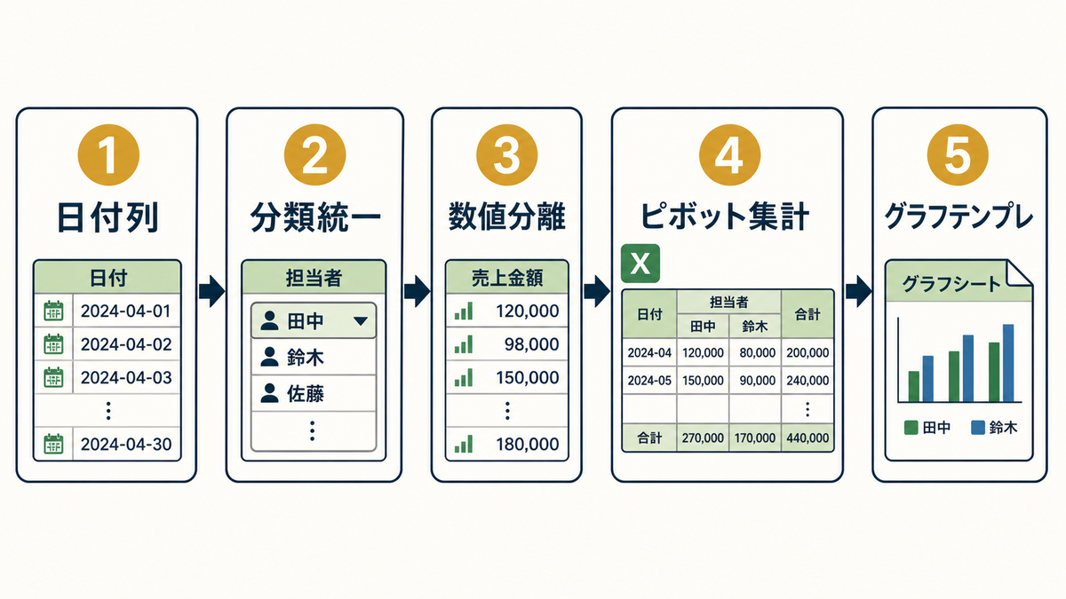 Excelで日付列分類統一数値分離ピボット集計グラフテンプレまで進めてグラフ用データに整える5ステップ図