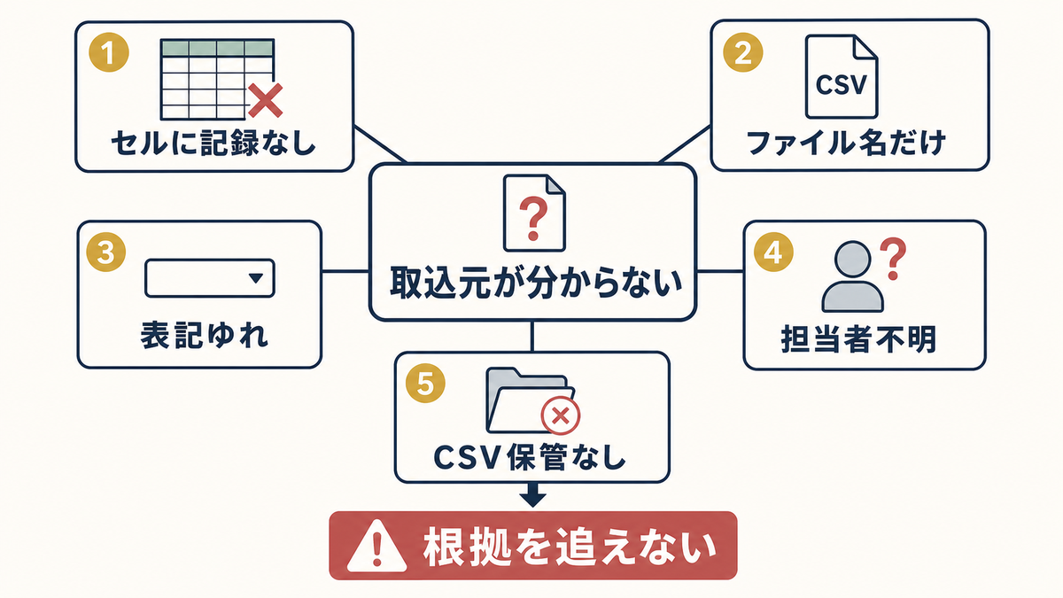 Excel管理表でセルに記録なしファイル名だけ表記ゆれ担当者不明CSV保管なしにより取込元が分からなくなる原因分析図